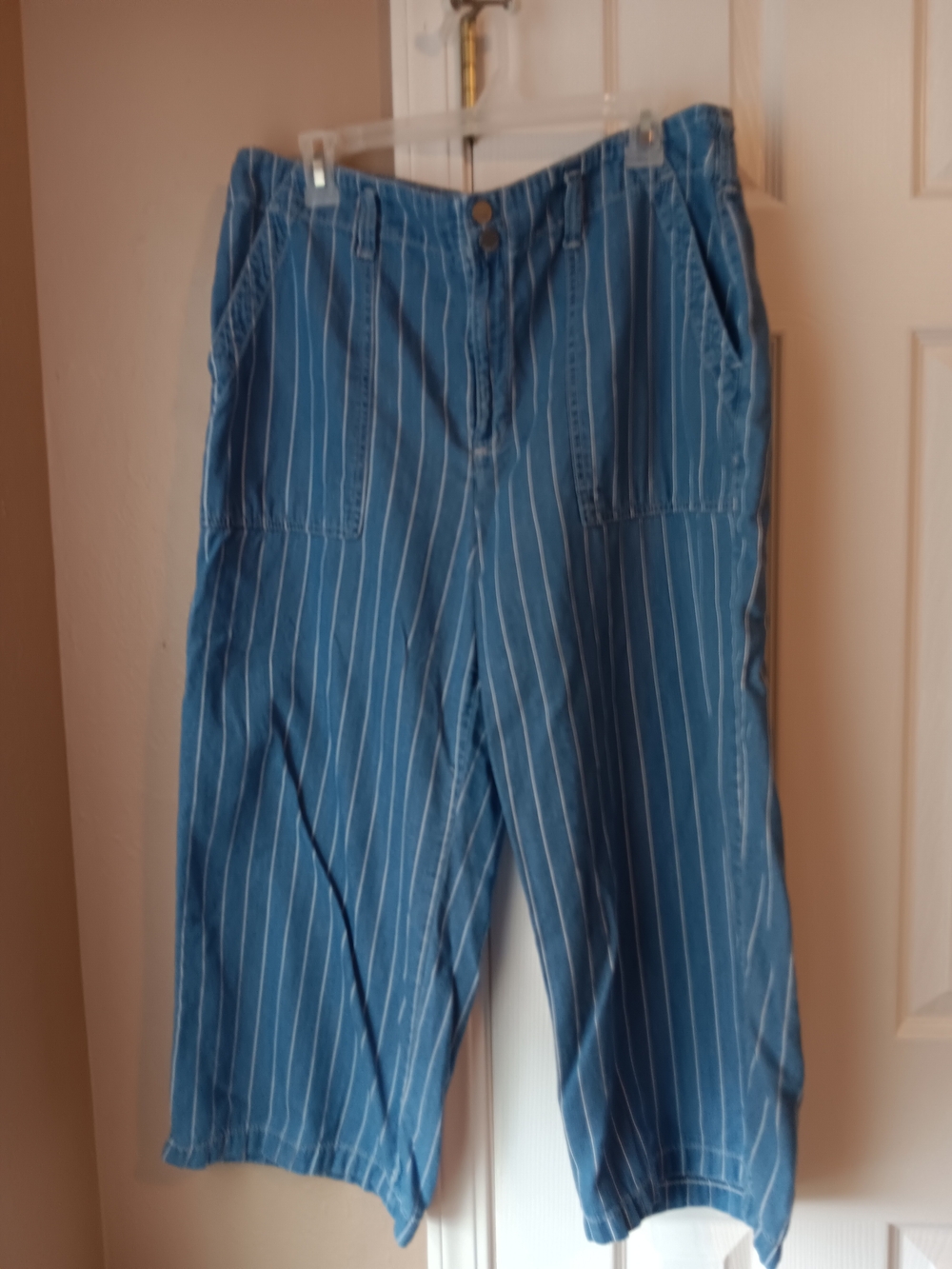 Seven7 Blue Pinstripe Flat Front Women's Cropped Wide Leg Pants